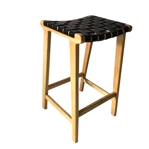 The Nichole Strapped Leather Woven Bar Stool - Black