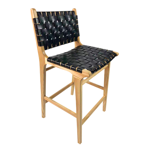 The Nichole Strapped Woven Leather Bar Stool With Back - Black
