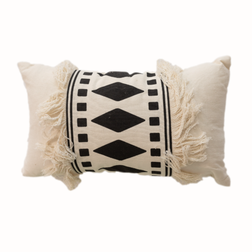 Off White Cushion With Tassels And Black Diamonds