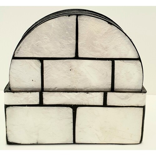 Mother of Pearl Coasters Set of 6 Black & White Brick Pattern Colour - Round