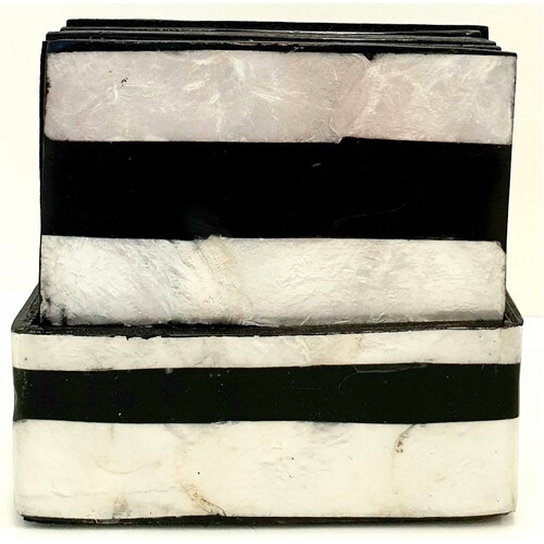 Mother of Pearl Coasters Set of 6 Black & White Stripe Pattern - Square