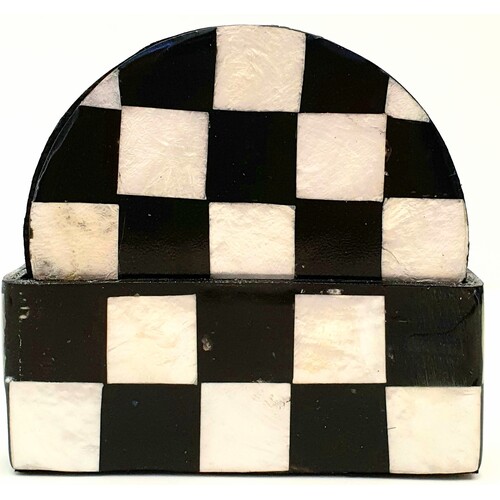 Mother of Pearl Coasters Set of 6 Black & White Chess Pattern