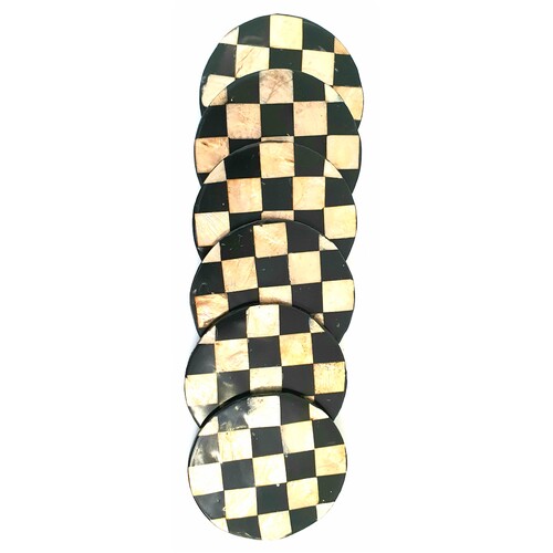 Mother of Pearl Coasters Set of 6 Black & Champagne Chess Pattern - Round