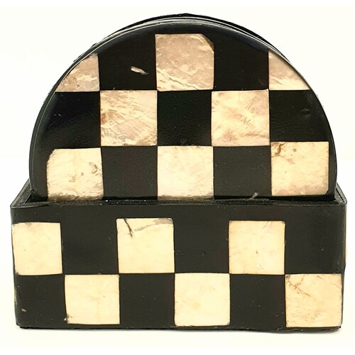 Mother of Pearl Coasters Set of 6 Chess Pattern Black & Champagne Colour