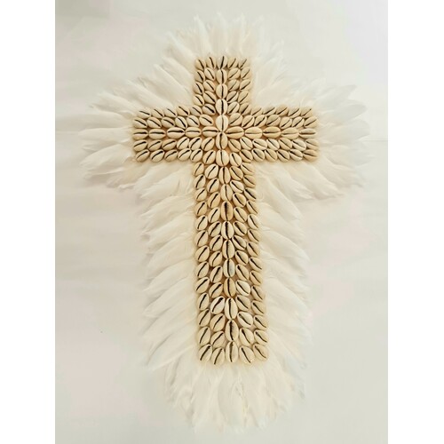 Hanging White Shell Feather Wall Cross - Decorative Ceramic Wall Crosses Australia