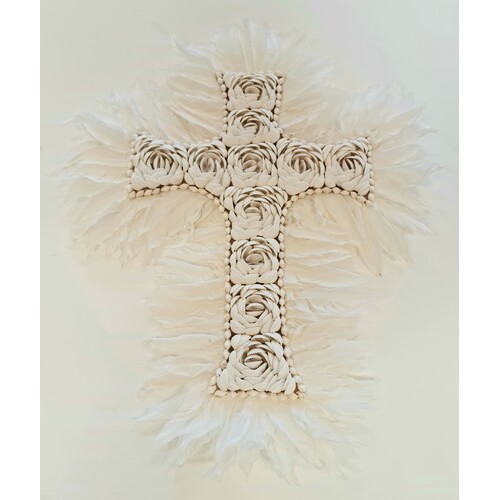 Hanging White Shell & Feather Wall Cross 