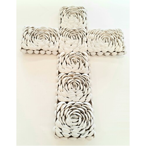 Hanging White Rose Shell Cross