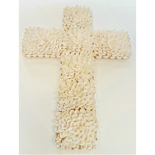 Hanging White Floral Shell Cross