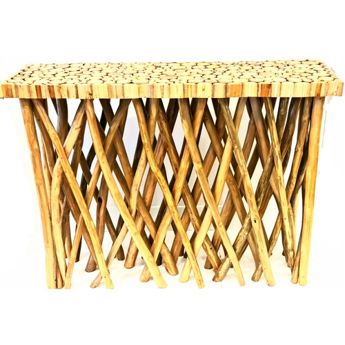 Teak Branch Console Table With Round Teak Timber Pieces