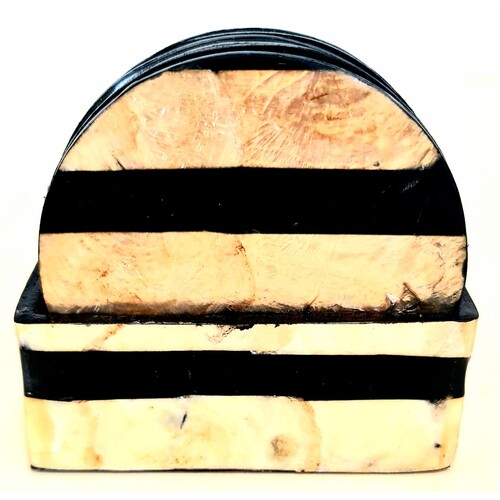 Mother of Pearl Coasters Set of 6 Stripe Pattern Black & Champagne Colour