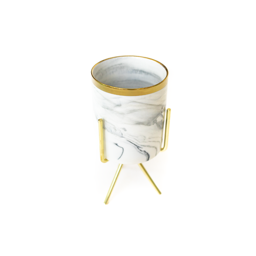 Marbling White Ceramic Flower Pots with Iron Stand - Large/Gold