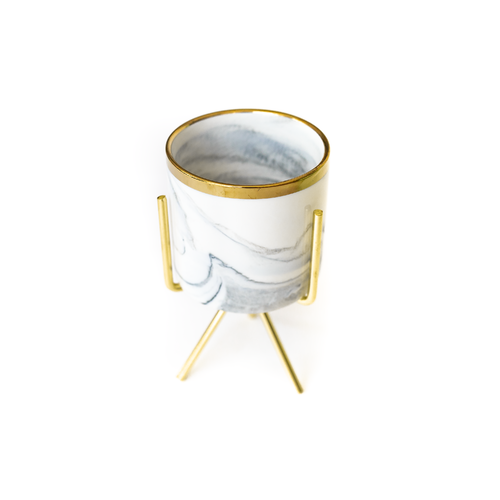 Marbling White Ceramic Flower Pots with Iron Stand - Medium/Gold