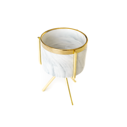 Marbling White Ceramic Flower Pots with Iron Stand - Small/Gold