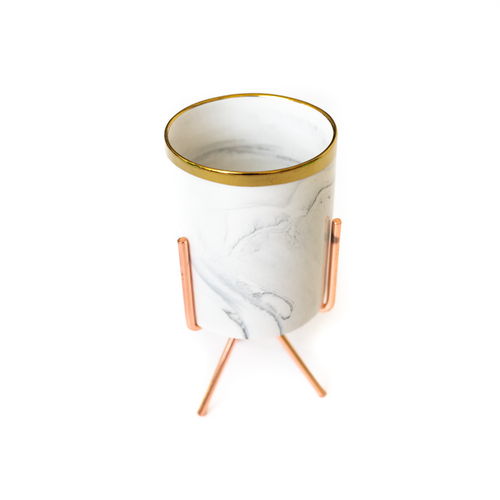 Marbling White Ceramic Flower Pots with Iron Stand - Large/Rose Gold