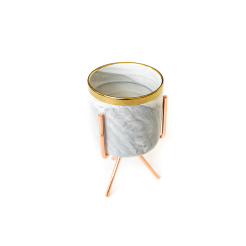 Marbling White Ceramic Flower Pots with Iron Stand - Medium/Rose Gold