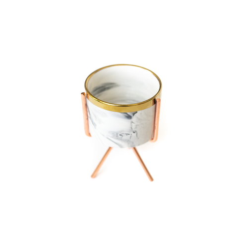 Marbling White Ceramic Flower Pots with Iron Stand - Small/Rose Gold