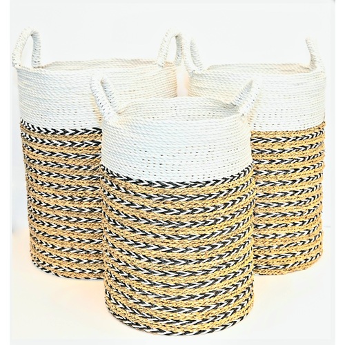 Seagrass Baskets Set 3 Black With Black White & Tan Pattern
