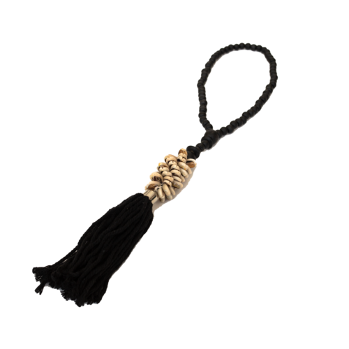 Hanging Beaded Cream Shell With Black Tassel And Beads 