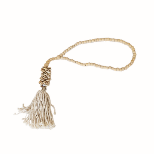 Hanging Beaded Small Cream Shell With Cream Tassel And Beads