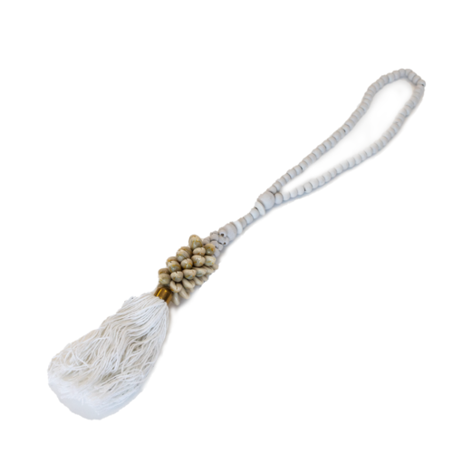 Hanging Beaded Cream Shell With White Tassel And Beads 