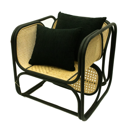 Hand-Woven Bamboo Cane and Rattan  Armchair Black With x 2 Cushions 