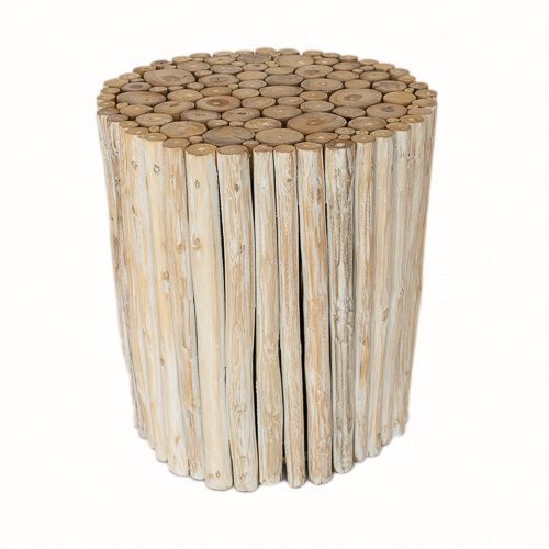 Round Teak Timber Driftwood Side Coffee Table White Wash Medium