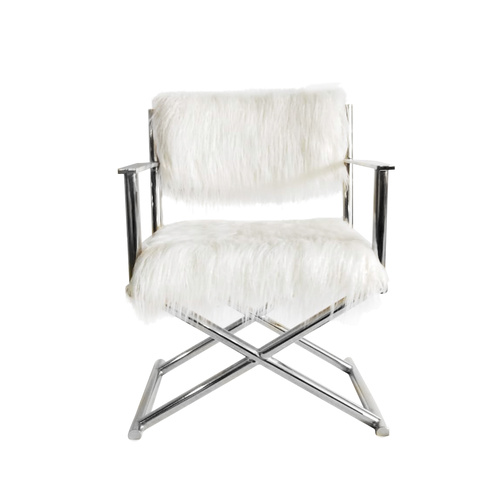 The Laura Director's Style Stainless Steel Chair with White Faux Mongolian Fur
