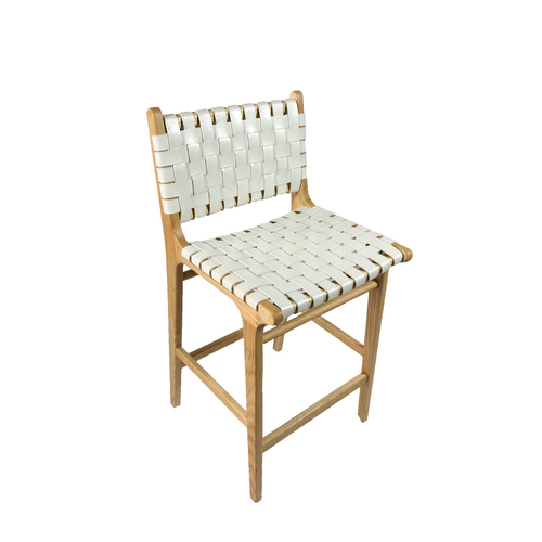 Ethan Leather Strapped Woven Bar Stool With Back - White