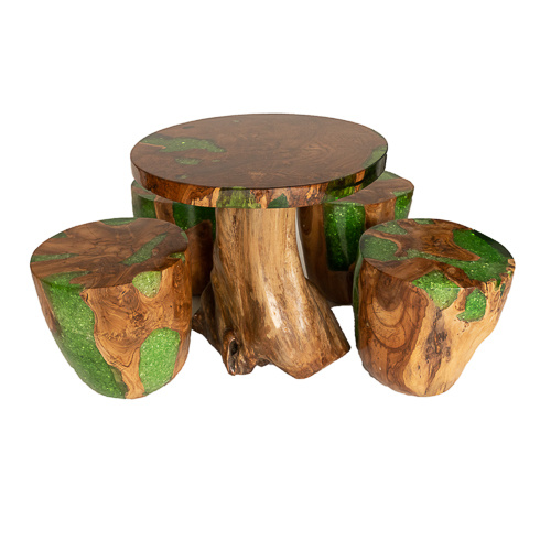 Wooden & Resin Irregular Base Table and Jade Stool With X4 Round Teak & Resin Stools