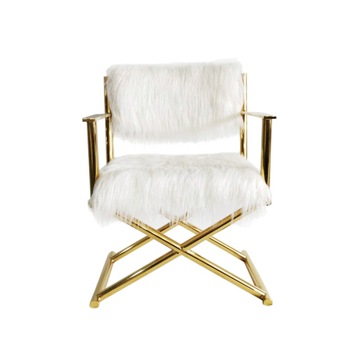 The Laura Director's Style Brass Chair with White Faux Mongolian Fur 