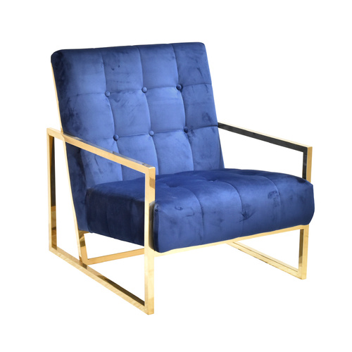 The Ava Velvet Tufted Button and Chrome Gold Armchair - Dark Blue CC-67