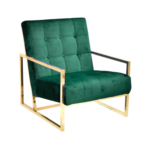 The Ava Velvet Tufted Button and Chrome Gold Armchair - Emerald Green CC-42