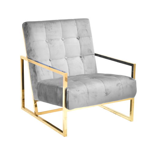 The Ava Velvet Tufted Button and Chrome Gold Armchair - Grey CC-25