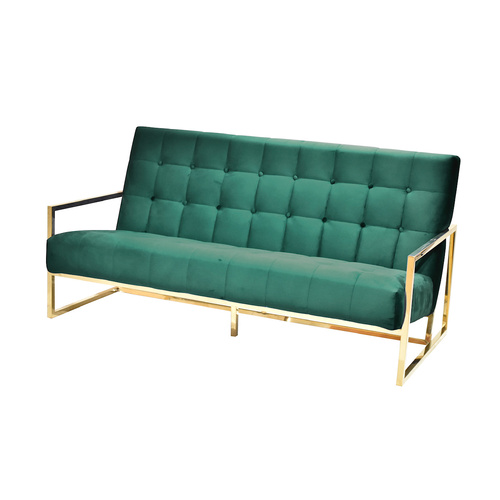 The Ava Velvet Tufted Button and Chrome Gold Three Seater Lounge - Emerald Green CC-42