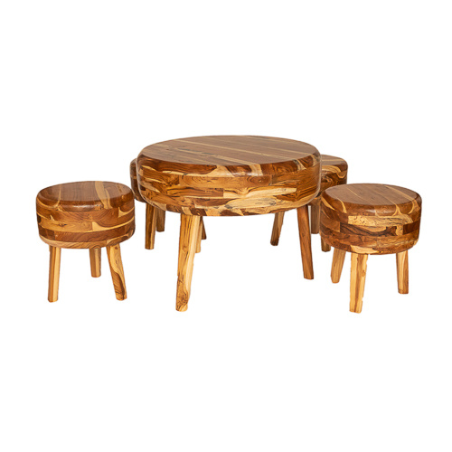 Solid Round Recycled Timber Table & Stool - Set of 5