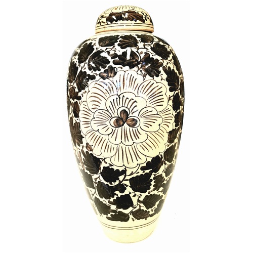 Black & Cream Floral Handmade Ginger Jar With Lid