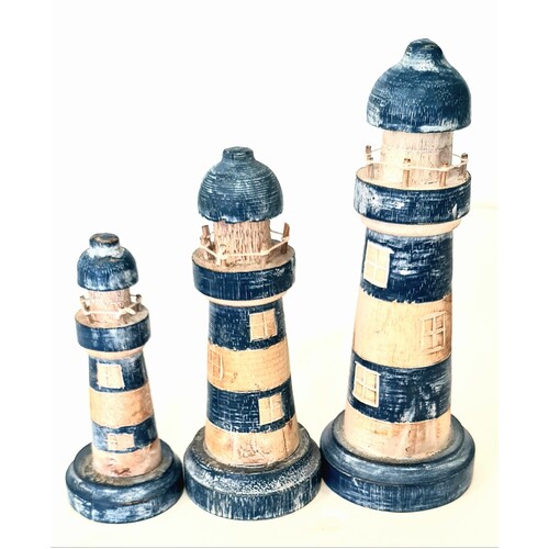  Set of 3 Wooden Dark Blue Hand Carved Lighthouses 