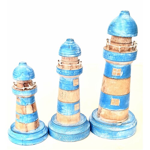 Set of 3 Wooden Light Blue Hand Carved Lighthouses