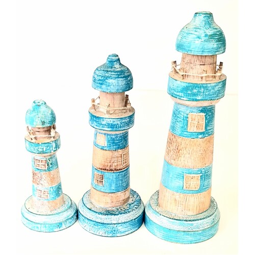 Set of 3 Wooden Turquoise Hand Carved Lighthouses