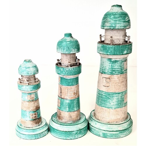 Set of 3 Wooden Green Hand Carved Lighthouses