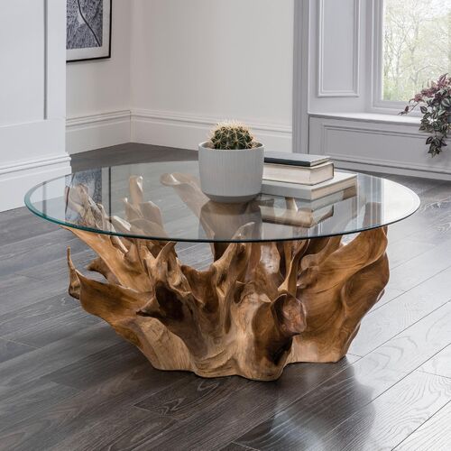 Teak Root Coffee Table With Glass Top - Large