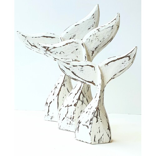 Wooden Carved Whale Tail Set of 3 In White Wash