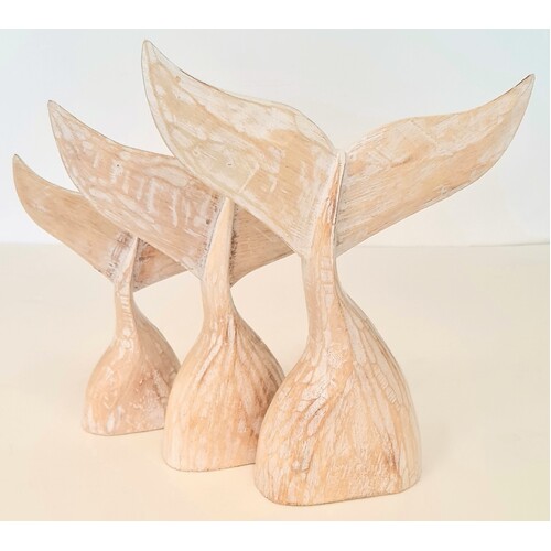 Wooden Carved Whale Tail Set of 3 In Natural White Wash
