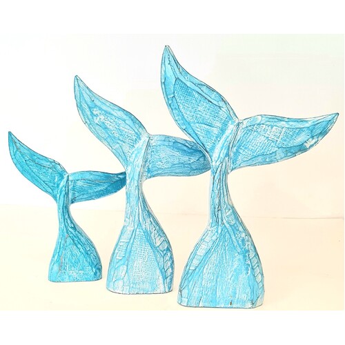 Wooden Carved Whale Tail Set of 3 In Blue White Wash